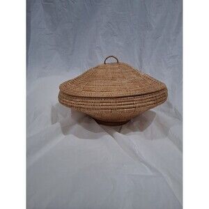 Vintage Rattan Lidded Basket, Handwoven